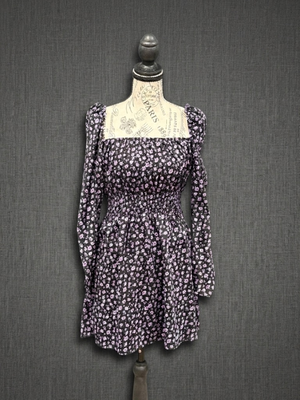 H&M Divided Floral Smocked Mini Dress Long Sleeve Square Neck Purple Black M